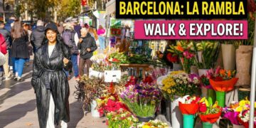 Wycieczka piesza La Rambla 4K Spacer po ulicach Barcelony
